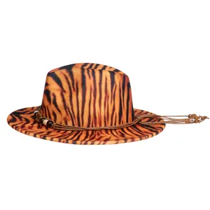 Detail of tiger print felt fedora featuring a woven cord band with wooden beads