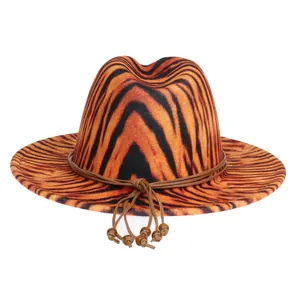 Detail of tiger print wool fedora with decorative cord and wooden beads trim