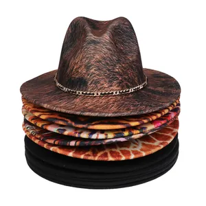 Vertical stack of stylish fedora hats in leopard, giraffe prints and solid colors