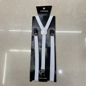 White Y-shape adjustable elastic suspenders for boys with strong silver metal clips