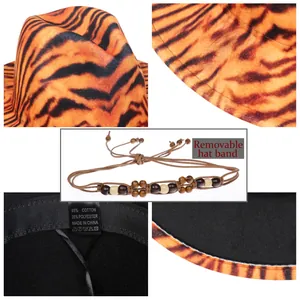 Wide brim tiger print jazz fedora hat with a removable beaded band shown in multi-angle views
