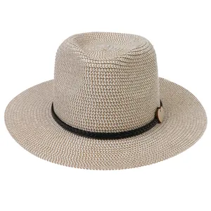 Minimalist wide brim straw hat with two-tone weave and black band for outdoor sun protection