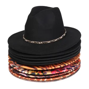 Vintage Fedora Hat For Women Men Two Tone Gradient Woolen Felt Jazz Hat With Metal Chain Tassel Wide Brim Party Dress Hat