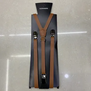 Brown Y-back suspenders for boys with silver metal clips and adjustable elastic straps
