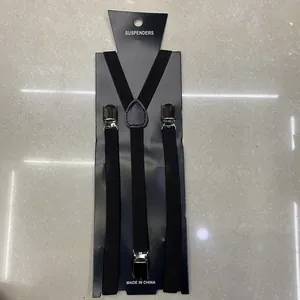 Adjustable Y-back black elastic suspenders for boys with silver metal clips and leather joint