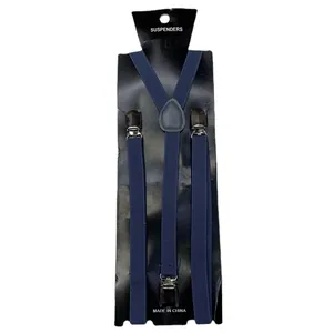 Navy blue Y-shape elastic suspenders for boys with durable metal clips and adjustable straps