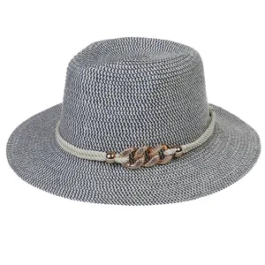 Blue and white woven Panama straw sun hat with stylish golden chain decoration