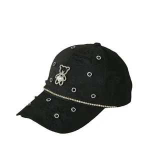 Black mesh baseball cap with rhinestone bear and pearl decoration for sun protection