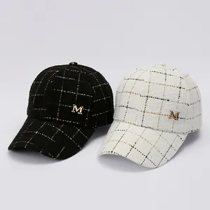 Winter plaid tweed baseball caps with rhinestone M logo in black and white styles