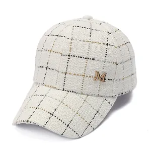 Women Fashion Tweed Plaid Baseball Cap With Metal M Logo Winter Warm Adjustable Sun Hat Elegant Checkered Peaked Cap
