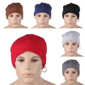 Detail shot of hip-hop beanies with metal rings in red, black, navy, brown, and grey colors