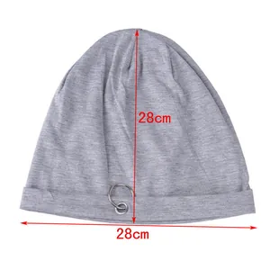 Detail of grey beanie with double metal rings showing 28x28cm dimensions