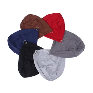 Detailed view of six double-layer hip-hop beanies with silver metal rings in various colors