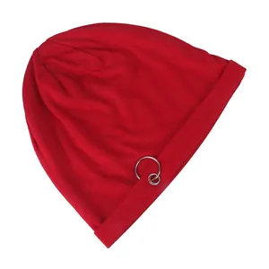 Red knit beanie featuring double silver rings and a hip-hop street style aesthetic