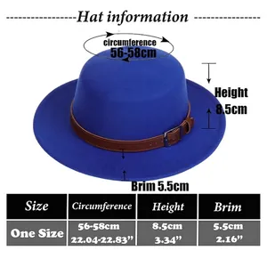Navy blue wool fedora hat with brown leather band and detailed size chart measurements