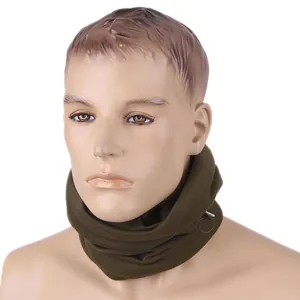 Detail of olive green fleece neck warmer for outdoor cycling with adjustable drawstring