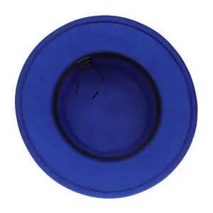 Detail of blue wool felt fedora interior showing 65% cotton blend label and sweatband