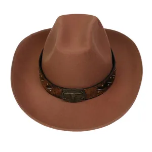 Detailed view of western cowboy hat featuring a leather band with vintage bull skull buckle