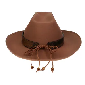Detail of brown felt cowboy hat with leather band and wooden bead tassel decorations