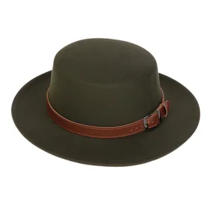 Detail of olive green wool fedora with brown leather band and metallic buckle
