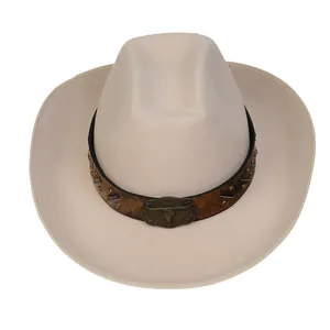 Top view of beige wool felt cowboy hat featuring bronze bull head buckle and leather strap