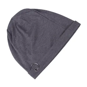 Detail of dark charcoal beanie fabric with dual black chrome metal ring accents