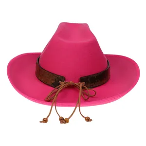 Detail of fuchsia wool felt cowboy hat with leather band and wooden bead drawstring