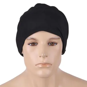 Detail of a black seamless outdoor cycling skull cap on a mannequin for sun protection