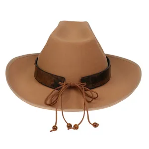 Detail of a brown wool western cowboy hat featuring leather band and wooden beads decor