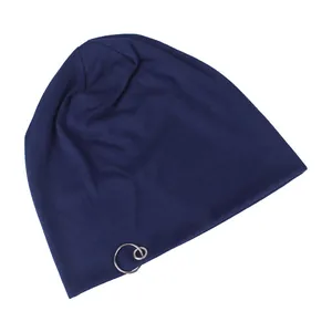 Navy blue double-layered beanie with silver metal ring decor for streetwear style