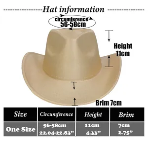 Size guide for western glitter cowboy hat showing head circumference and brim dimensions
