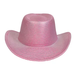 Detail of glittery pink cowboy hat featuring silver trim and reflective sequin finish