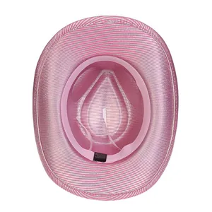 Pink glitter cowboy hat detail showing internal sweatband and 65% cotton blend label
