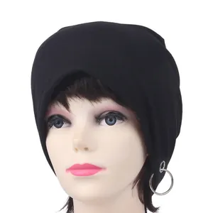 Close-up of black slouchy beanie featuring silver metal rings on a model head