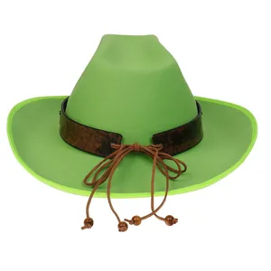 Detail of a bright green felt cowboy hat featuring a brown leather band and wooden beads