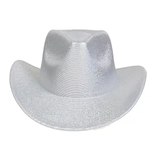 Detail of silver glitter cowboy hat showing metallic texture and curved brim for party