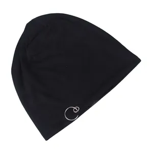 Close-up of black knitted beanie featuring double interlocking metal ring details