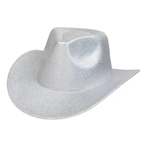 Detail shot of the shimmering silver sequins on this wide-brimmed party cowboy hat