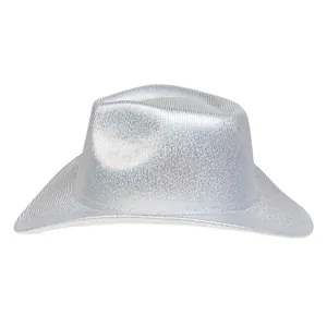 Detailed view of shimmering silver metallic sequins on a wide brim cowboy party hat