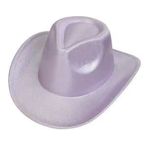 Macro shot of shiny purple glitter texture on Western cowboy party hat brim