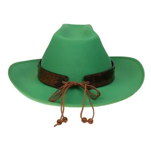 Detail of green felt cowboy hat featuring brown leather band and decorative wooden beads
