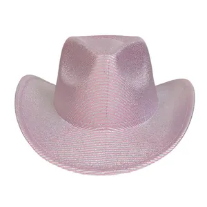 Detail of pink glitter cowboy hat showing sparkling texture and wide brimmed Western design
