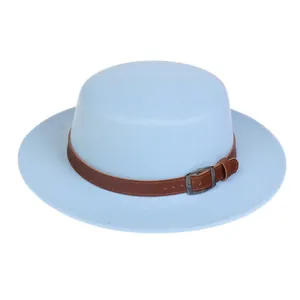 Detail of light blue felt fedora with a brown leather belt and dark grey metal buckle