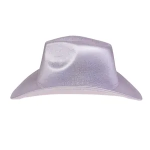 Detail of lavender cowboy hat showing shimmering glitter finish and curved brim