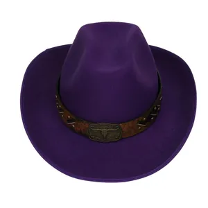 Top view of purple felt cowboy hat with leather band, gold studs and retro bull head buckle