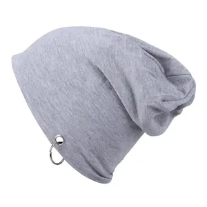 Gray hip-hop beanie with double silver metal rings for street style fashion look