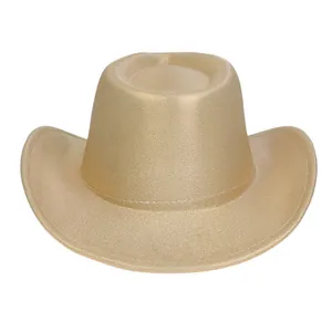 Detail showing the shiny gold metallic texture and white stitching on the cowboy hat brim