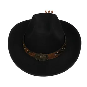 Western Cowboy Hat For Women Men Wide Brim Fedora Cotton Blend With Retro Leather Band Bull Skull Metal Rivets Outdoor Travel Hat