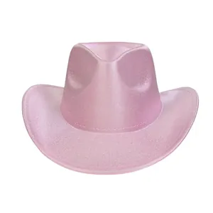 Macro detail of pink glitter cowboy hat featuring metallic finish and upturned brim style