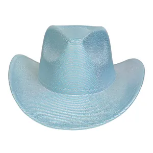 Close-up of light blue western cowboy hat with metallic luster and silver trim finish